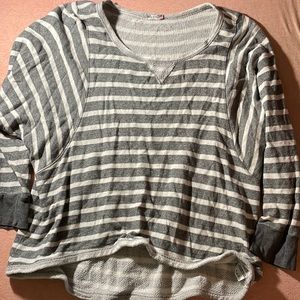 Off the shoulder grey and white sweater